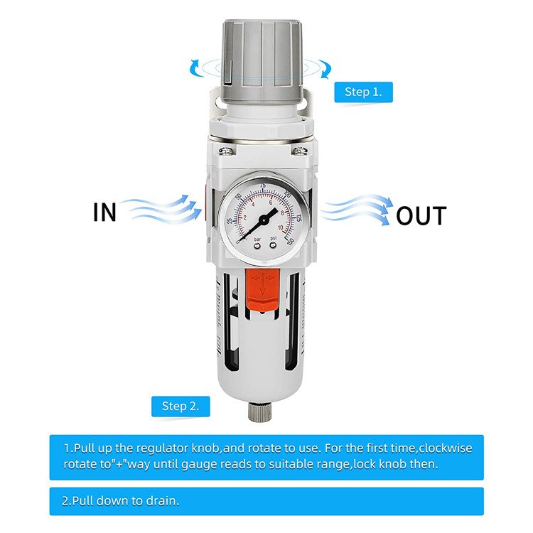 Compressed Air Filter Regulator Combo Piggyback, 5 Micron Brass Element, Semi-Auto Drain, Metal Bracket, 0-150 psi Gauge