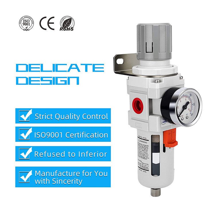 Compressed Air Filter Regulator Combo Piggyback, 5 Micron Brass Element, Semi-Auto Drain, Metal Bracket, 0-150 psi Gauge