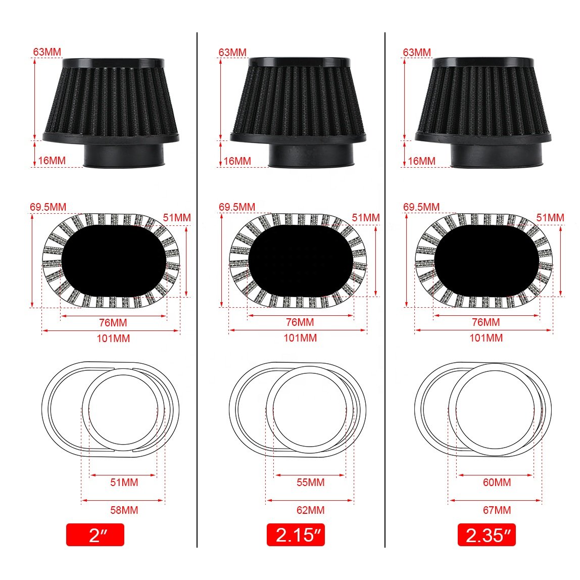 Pod Air Filter Intake Cleaner 50mm 51mm 54mm 55mm 60mm Oval Round Tapered Cone Clamp-On for Car Motorcycle PQY-AIT320/322/324