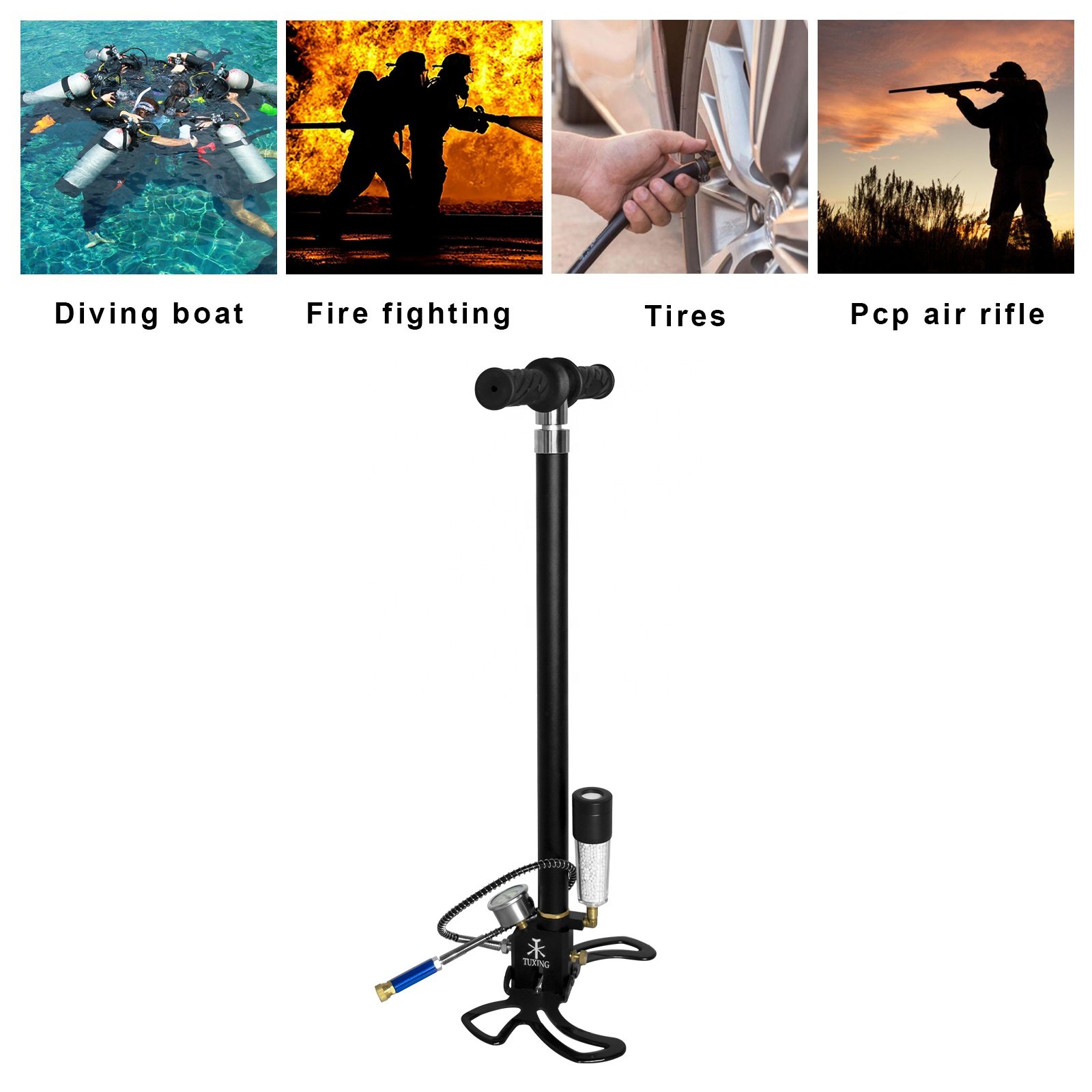 TUXING Hot Selling Three Stages High Pressure 30mpa 4500psi 300bar Ccuba Diving PCP Paintball Hand Pump With Desiccant Filter