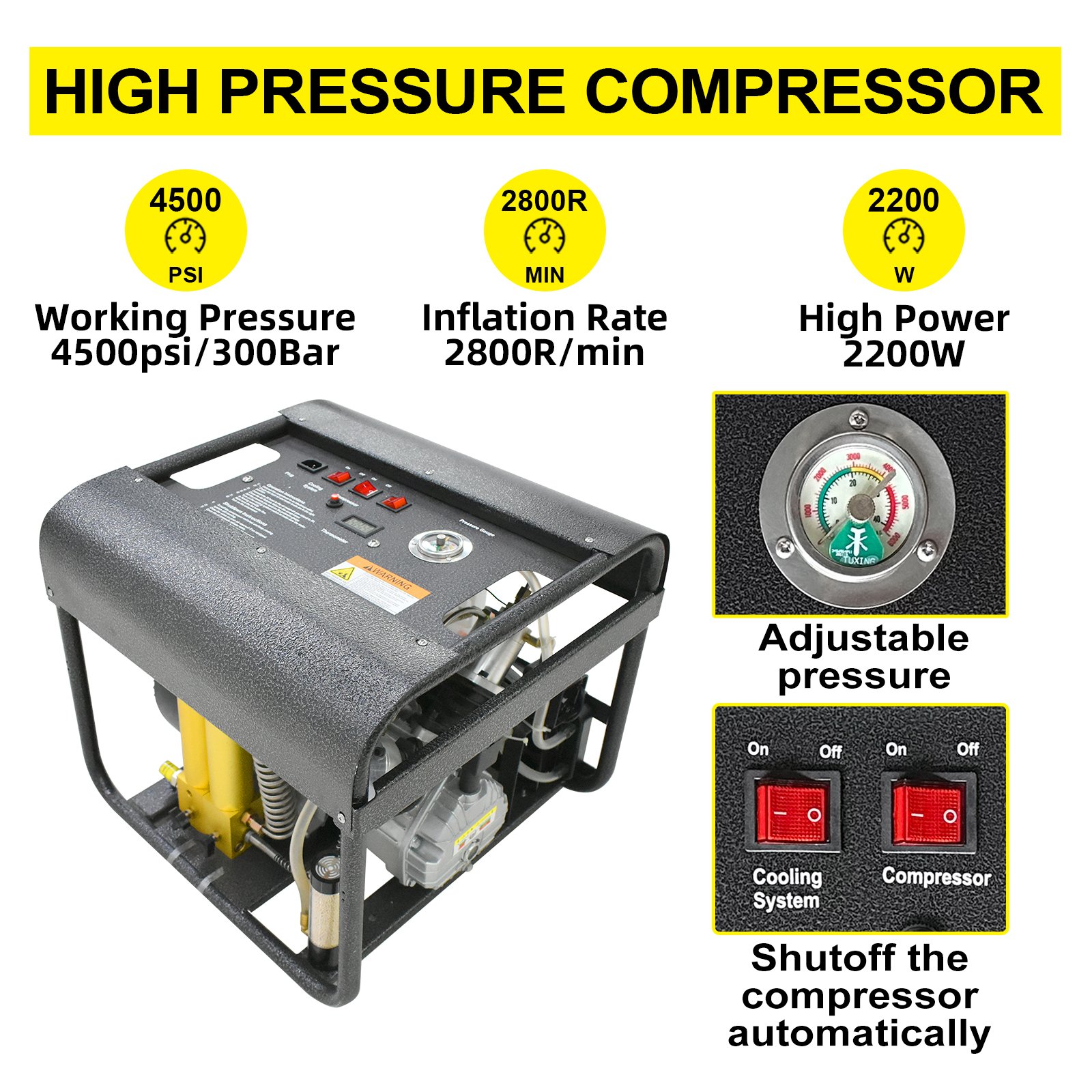 Tuxing High Pressure 110V 220V Built-in Water Fan Cooling Filter 30mpa 4500psi 300bar Paintball PCP Scuba Diving Air Compressor