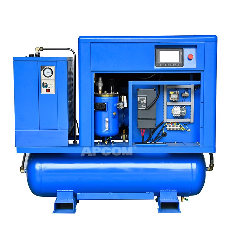 Low Noise APCOM High Pressure Mini Integrated Package Rotary Screw Air Compressor with tank Dryer and Filter
