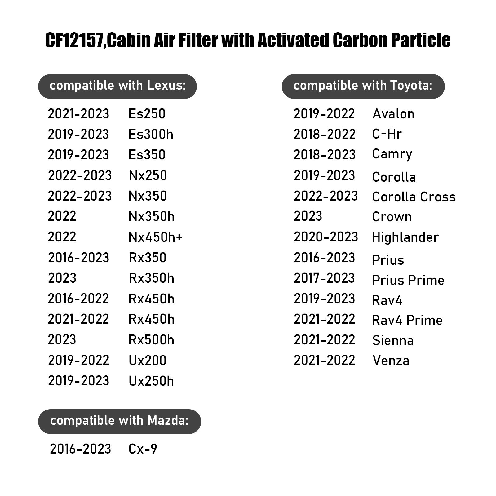 CF12157 Customizable Cabin Air Filter With Activated Carbon Particle for Toyota Avalon C-HR Camry