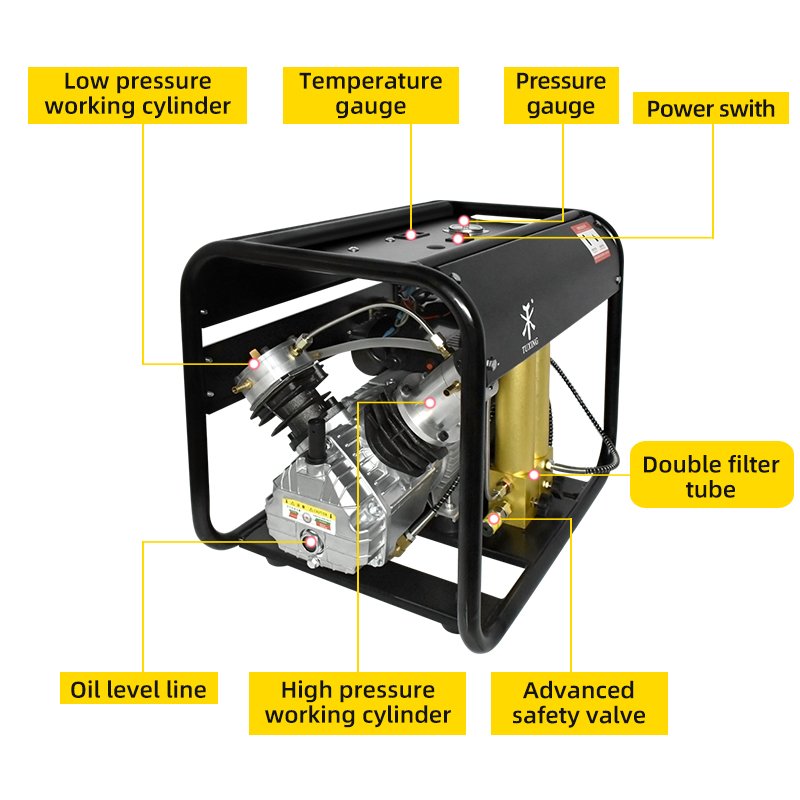 TUXING Factory Wholesale Double-Cylinder 300Bar/4500Psi Built-in Filter Water-oil Separator Snorkeling Paintball Air Compressor