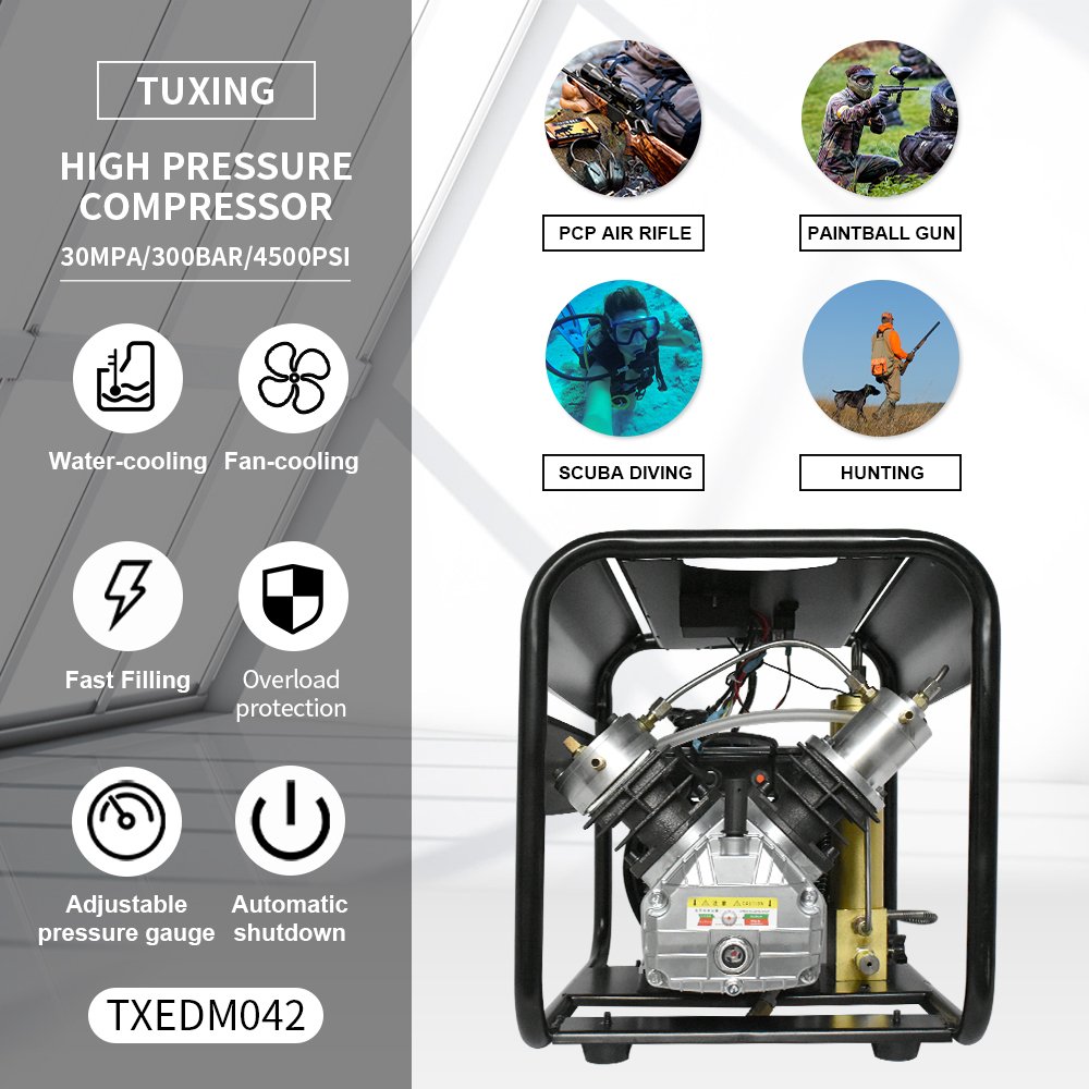 TUXING Factory Wholesale Double-Cylinder 300Bar/4500Psi Built-in Filter Water-oil Separator Snorkeling Paintball Air Compressor