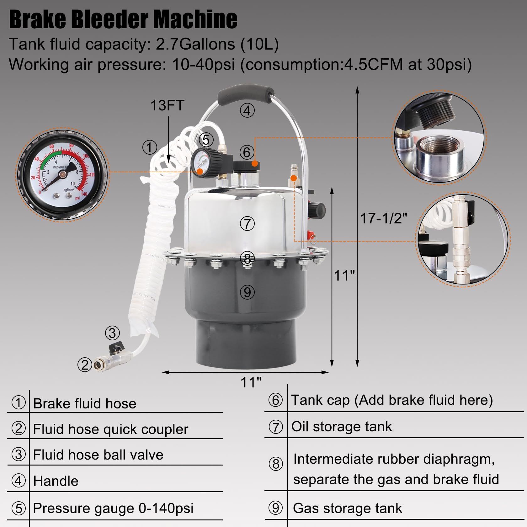 Brake Bleeder Kit Pneumatic Pressure Brake Clutch Fluid Bleeding Tool Set