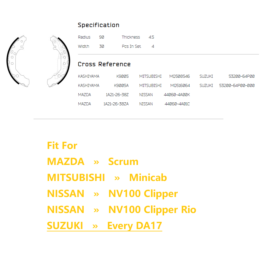 SAC Hot Sale K9005 9972 Car Brake Shoes for Suzuki Every Da17