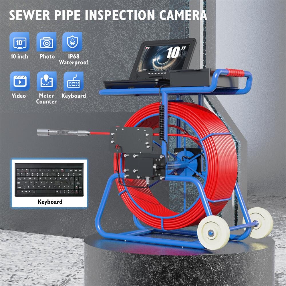 Sewer Pipe Camera 10 Inch IPS 1080P Screen and Self-Leveling 512HZ Locator 70M Diameter 9mm Thick Cable with Brake