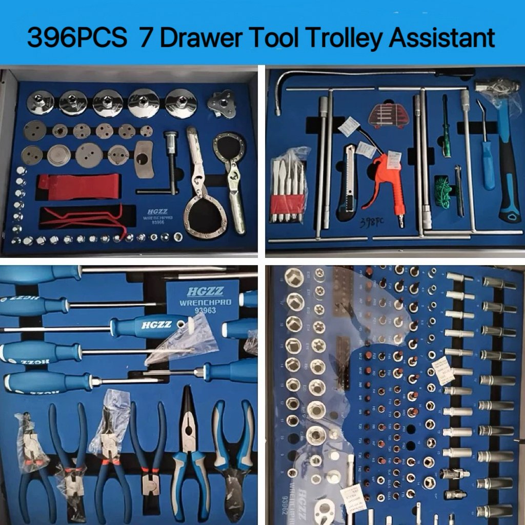 7-Drawer Professional Mechanic Tool Cart 396PCs, 1/2" Impact Sockets & Brake Caliper Tools, CE Certified for Auto Repair Shops