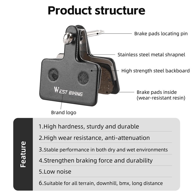 WEST BIKING Custom Wholesale MTB Mountain Bicycle Disc Brake Pads Wear-Resistant Low Noise Bike Resin Semi-Metallic Brake Pad