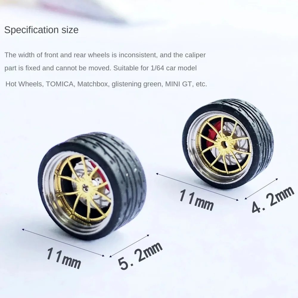 Wholesale 11mm 1:64 DIecast Alloy Car Modified Wheel Caliper Hub with Brake Disc Rubber Tire Parts