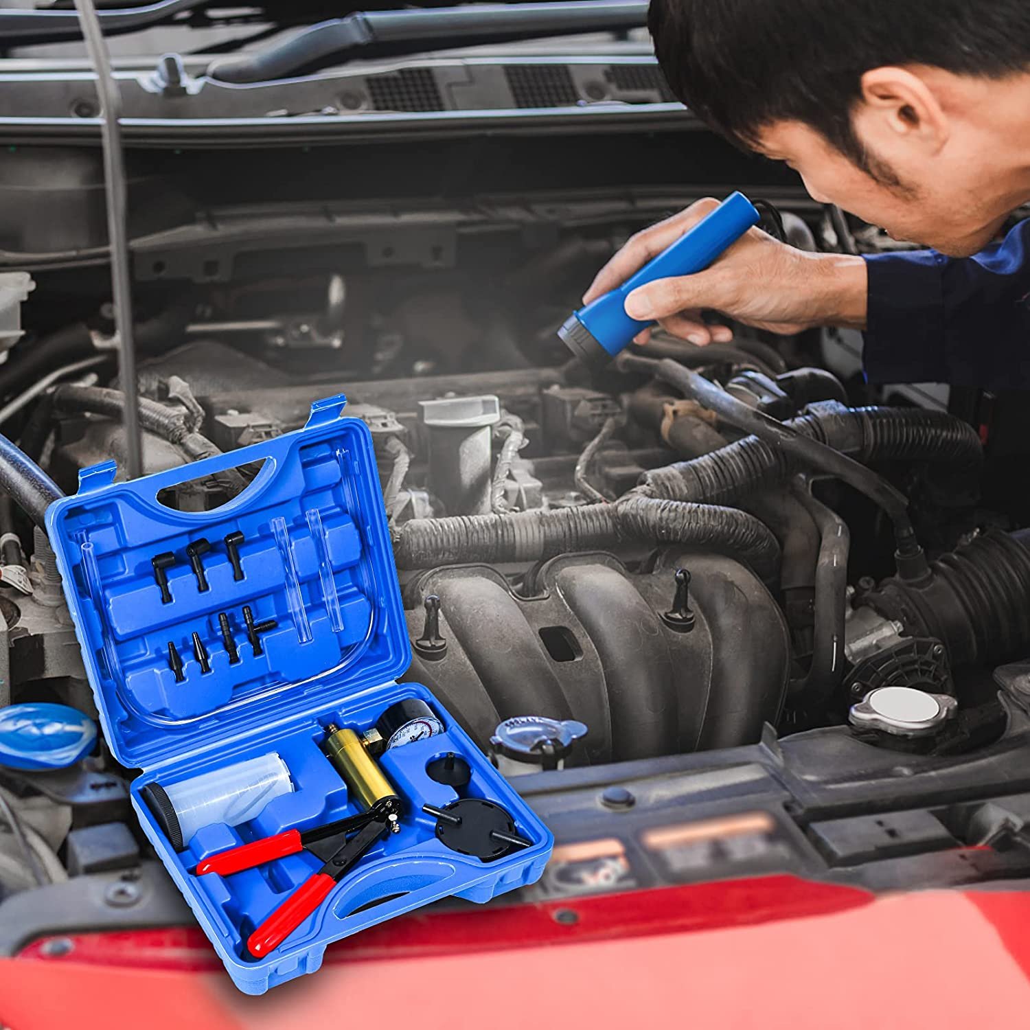Small Automotive Brake Bleeder Kit with Hand Vacuum Pump Plastic Combination Tool Including Pliers Tape Handles OEM Customizable