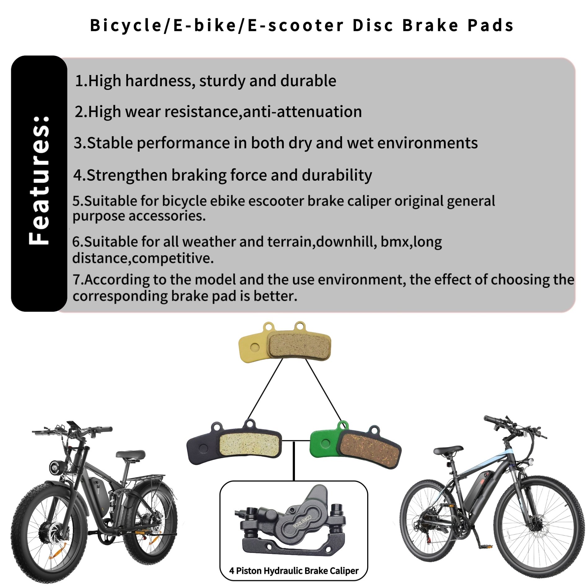 General Purpose Wear-Resistant Low Noise 4 Piston Hydraulic All-Metal Brake Pads for Mountain Bike Electric Bicycle Brake Pads