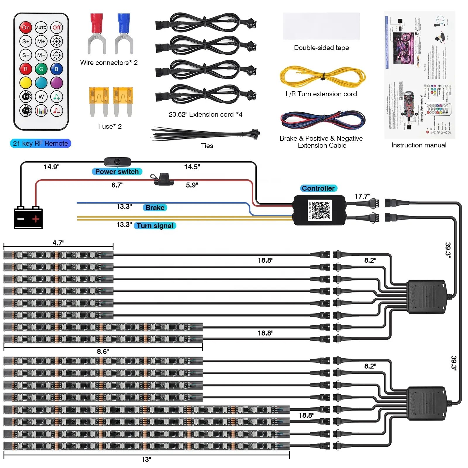 16PCS RGB+IC Motorcycle Underglow Dream Color Motorcycle LED Underglow Lights Kit Ambient Lighting for Bike Led Headlights