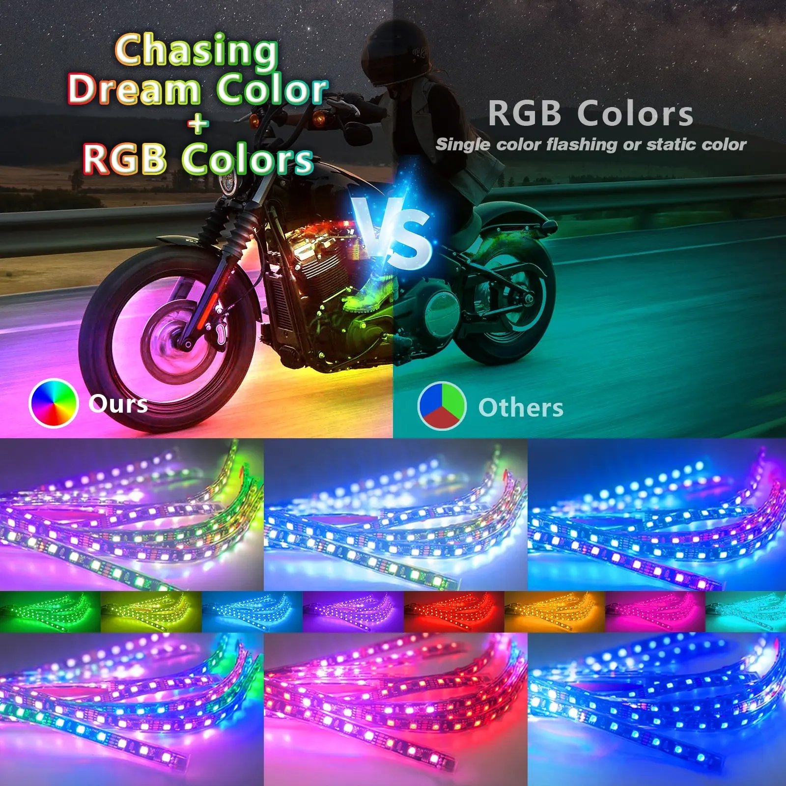 16PCS RGB+IC Motorcycle Underglow Dream Color Motorcycle LED Underglow Lights Kit Ambient Lighting for Bike Led Headlights