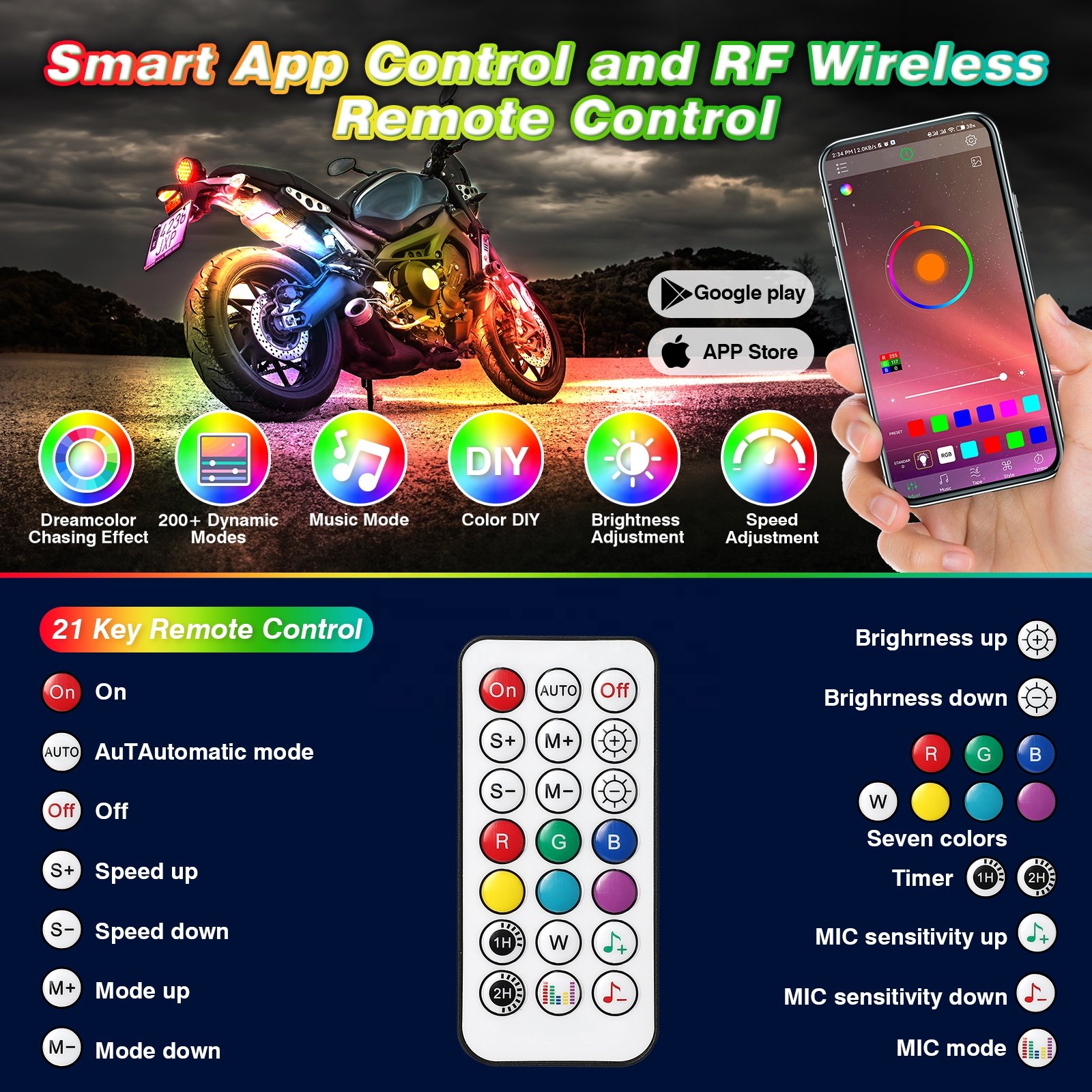 8/10/12/16PCS Motorcycle LED Lights APP Remote Control LED Strip Lights for Motorcycle Under-Glow 12v Neon