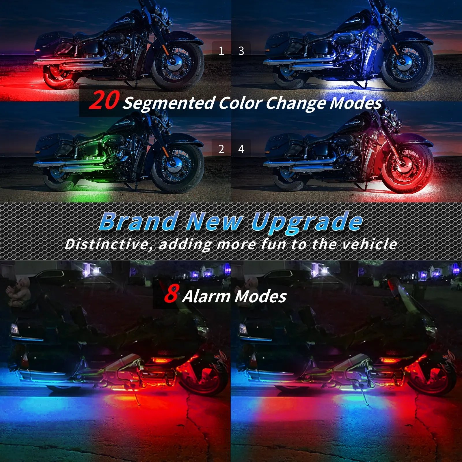 8Pcs Segmented Motorcycle Warning Light Remote Control Light RGB LED Light Kit Underbody Neon Strip Engine Underlight