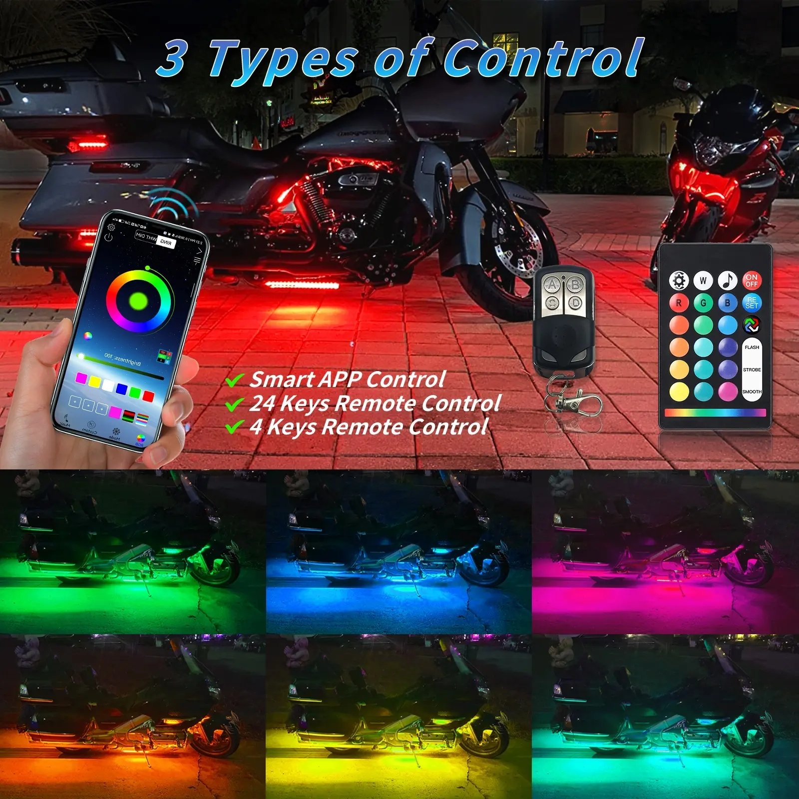 8Pcs Segmented Motorcycle Warning Light Remote Control Light RGB LED Light Kit Underbody Neon Strip Engine Underlight