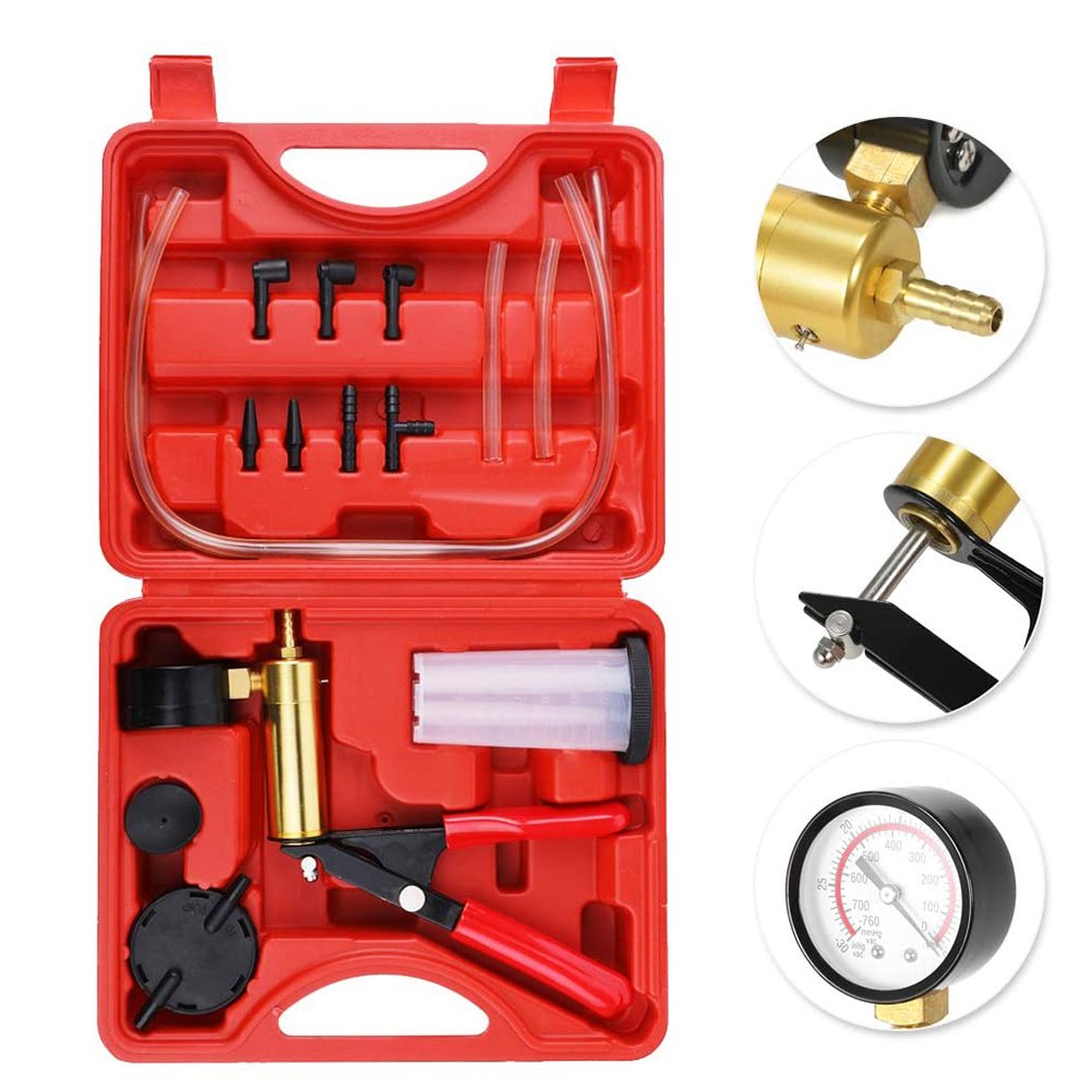 Hand Held Vacuum Pump Tester Set Vacuum Gauge and Brake Bleeder Kit for Automotive with Adapters Case