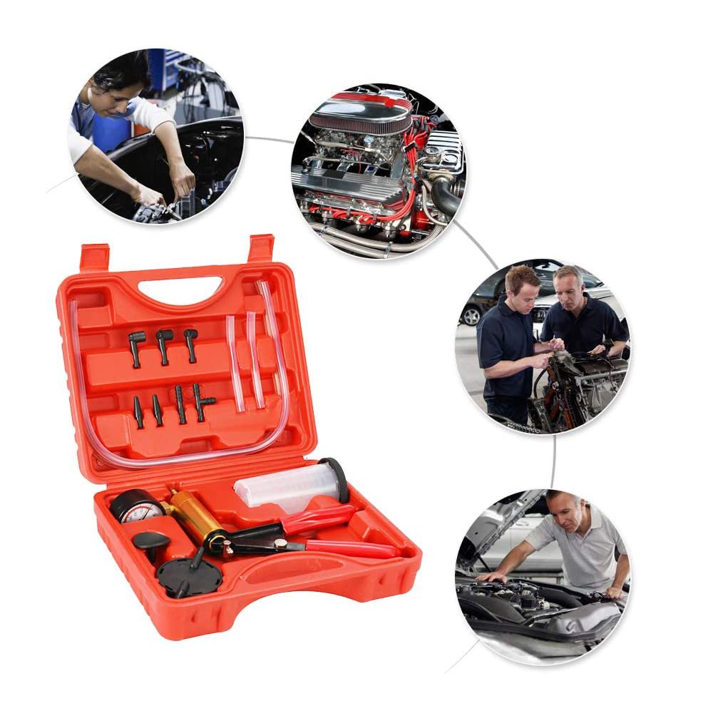 Hand Held Vacuum Pump Tester Set Vacuum Gauge and Brake Bleeder Kit for Automotive with Adapters Case