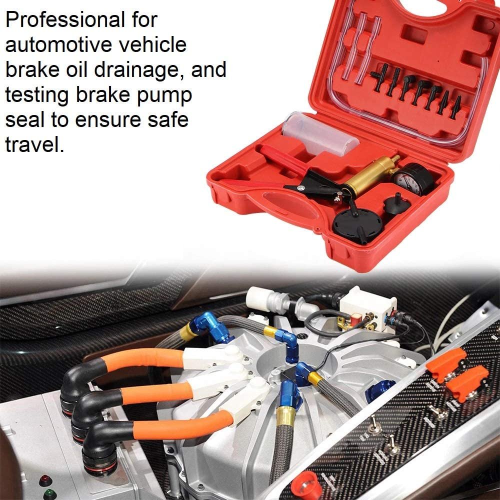 Hand Held Vacuum Pump Tester Set Vacuum Gauge and Brake Bleeder Kit for Automotive with Adapters Case