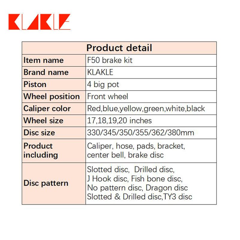 KLAKLE Car Racing Red Green Yellow Brake Caliper F50 330*32MM Brake Disc With Center Bell for Fiat Abarth 500 4 Pot Calipers