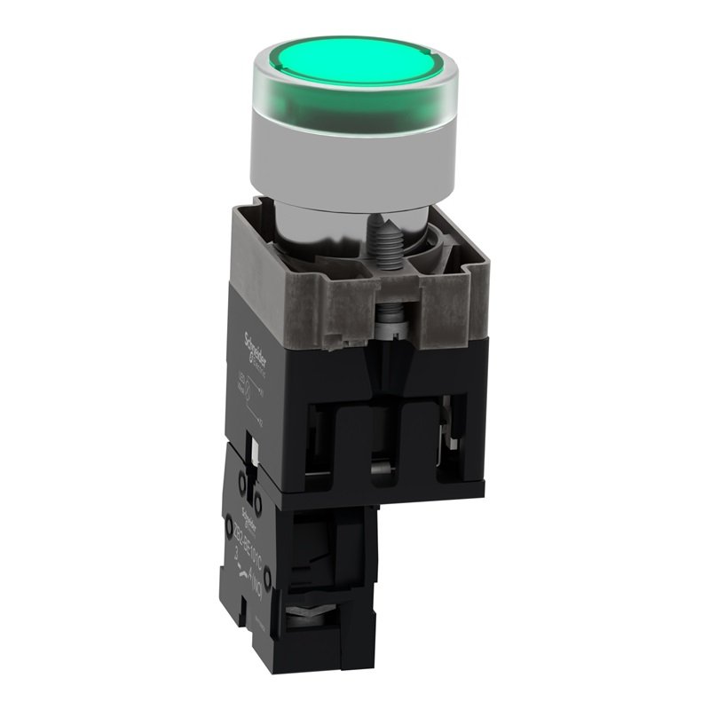 Schneiders AC/DC 24V Industrial Power Distribution Indicator with Light Button Green 22mm Spring Return 1NO XB2BW33B1