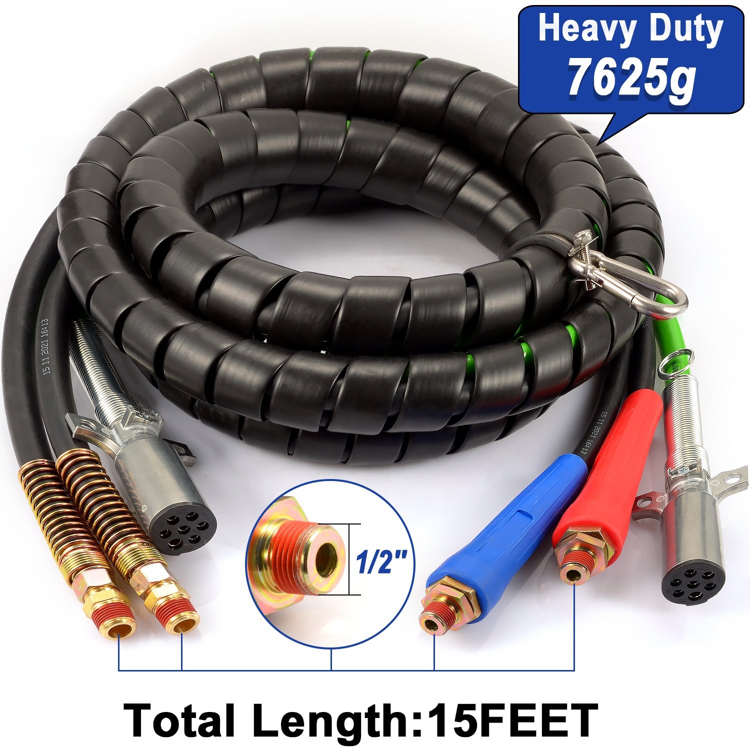15ft 3 in 1 ABS Power Air Power Brake Line Hose Wrap 7 Way Electrical Cable Assembly for Semi Truck Trailer Tractor Parts