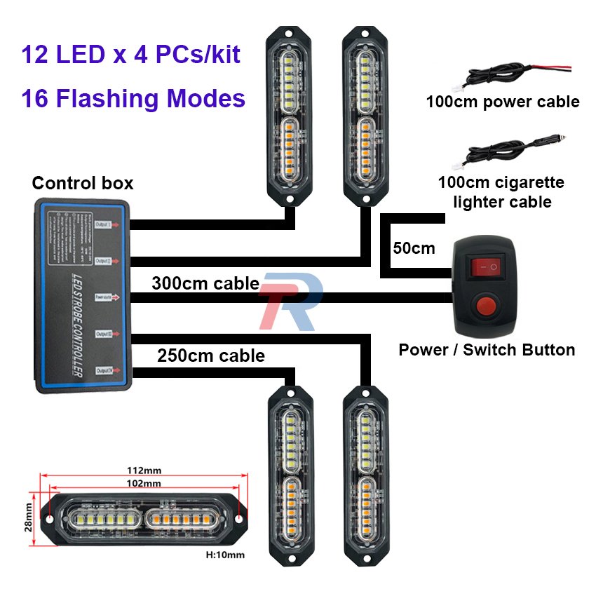 4 PCs X 12 LED Grille Light Kit Car Center Grid Blinking Warning Light Auto Strobe Side Light With Button Switch Control 12-24V