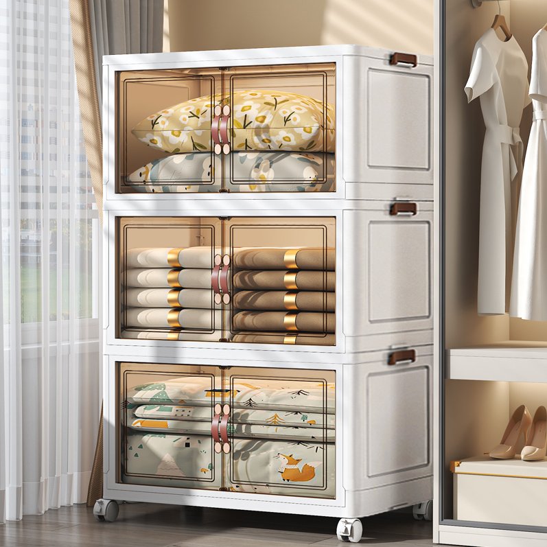 Foldable Plastic PP Stackable Bins Shoe Clothes Clear Cabinet Kid Folding Drawer Storage Box Organizer With Lid Brake Wheels