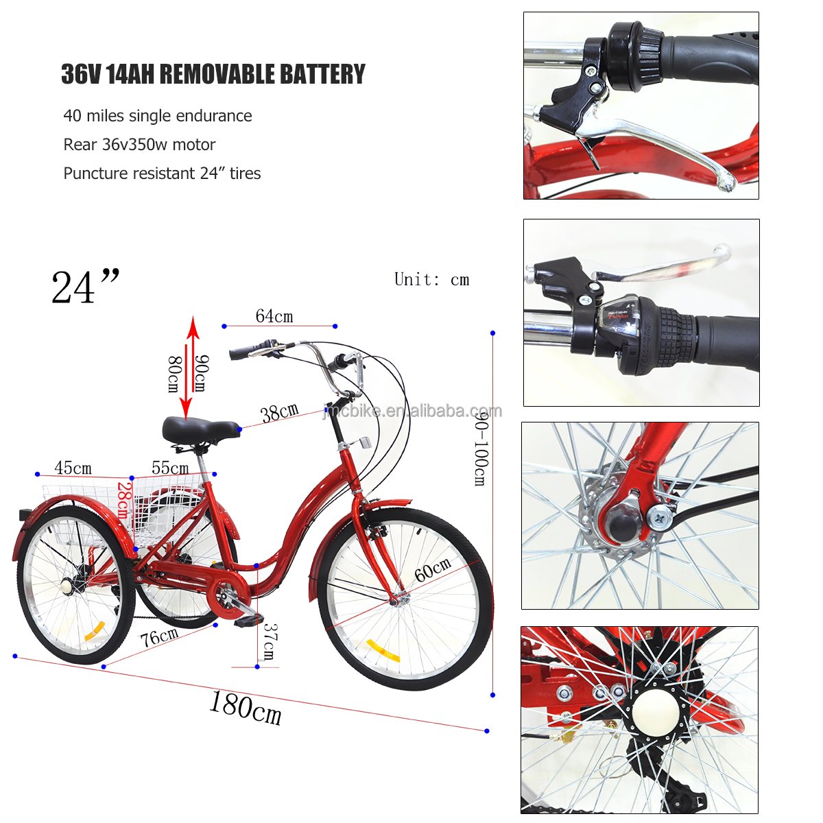 Modern 7-Speed 24'' Aluminum Alloy Electric Cargo Bike Foldable 3-Wheel Adult Shopping Tricycle Rear Basket EEC Passenger