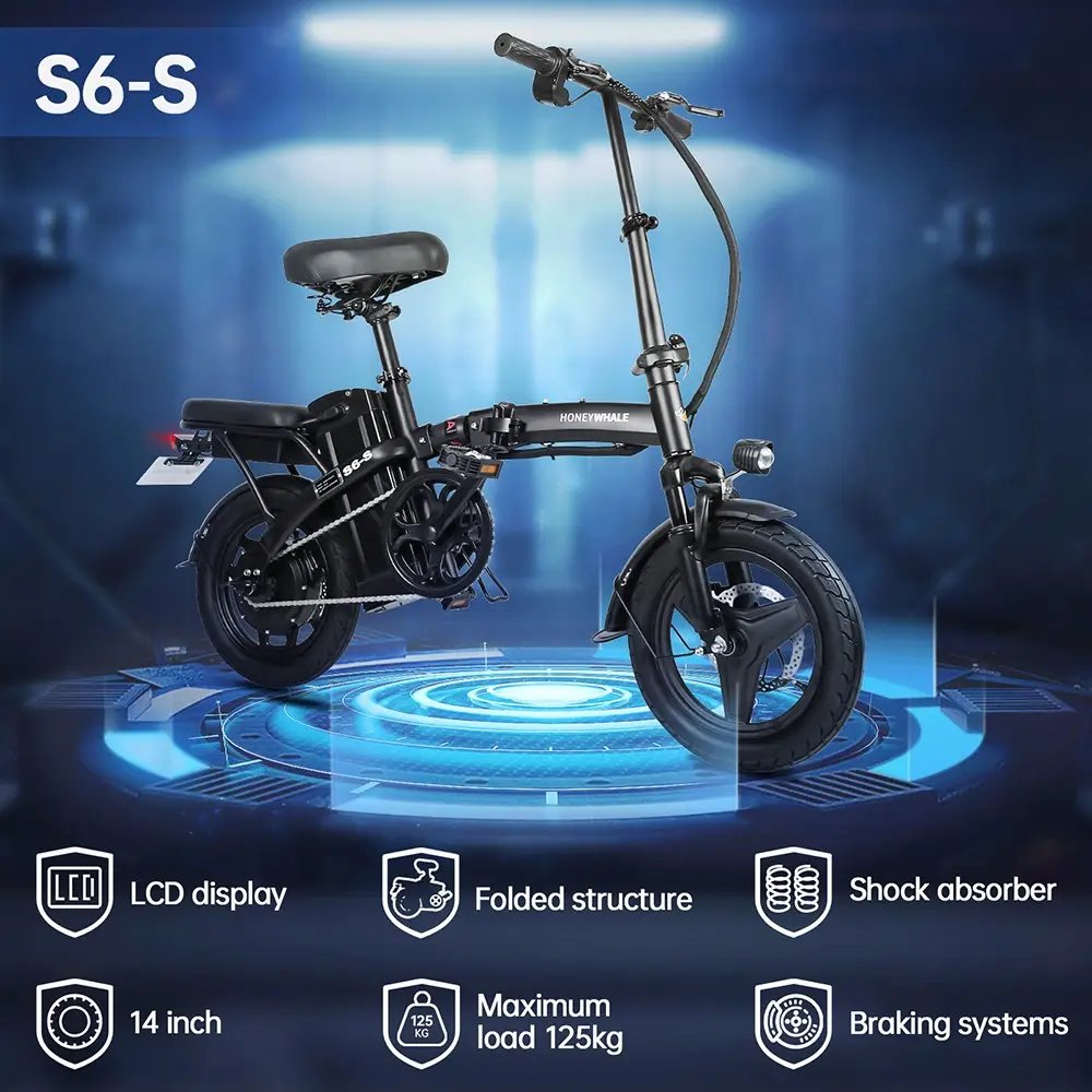 14-inch Electric Bike 250W Motor 48V 10.4Ah Battery 25km/h Front and Middle Suspension Damping Dual Disc Brake