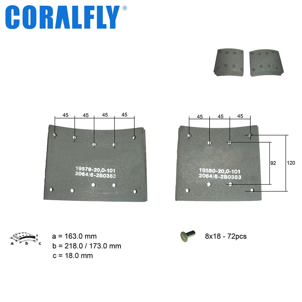Coralfly High Quality 19580 Truck Shoe Man Brake Lining for Man 88502200076 81502200566 81502200569 88502200064 88502200068