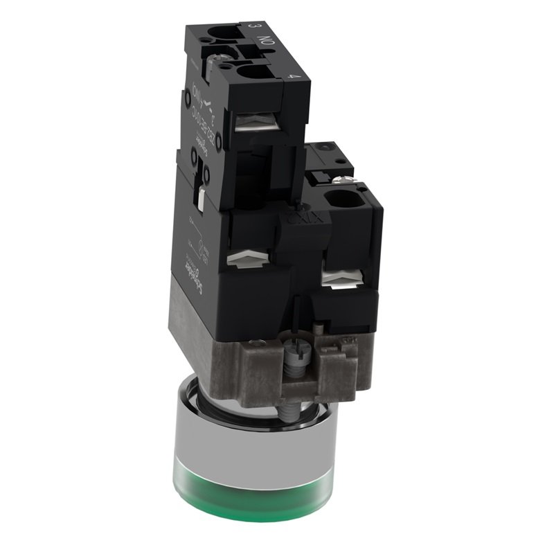 Genuine Schneiders AC/DC 24V Flat Head Illuminated Pushbutton Green 22mm Spring Return 1NO XB2BW33B1
