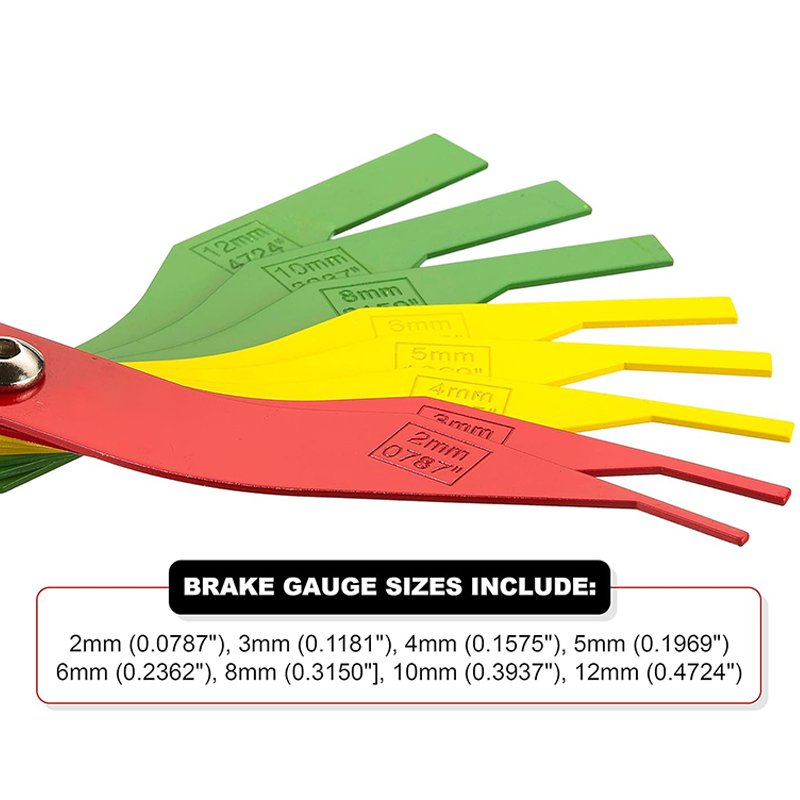 8-Piece Automotive Brake Lining Thickness Gauge Set Color-Coded & Steel Stamped Metric SAE Callouts Plastic Metal Materials Cars