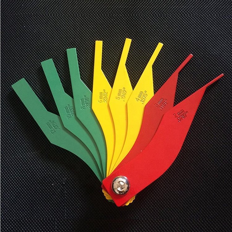8-Piece Automotive Brake Lining Thickness Gauge Set Color-Coded & Steel Stamped Metric SAE Callouts Plastic Metal Materials Cars