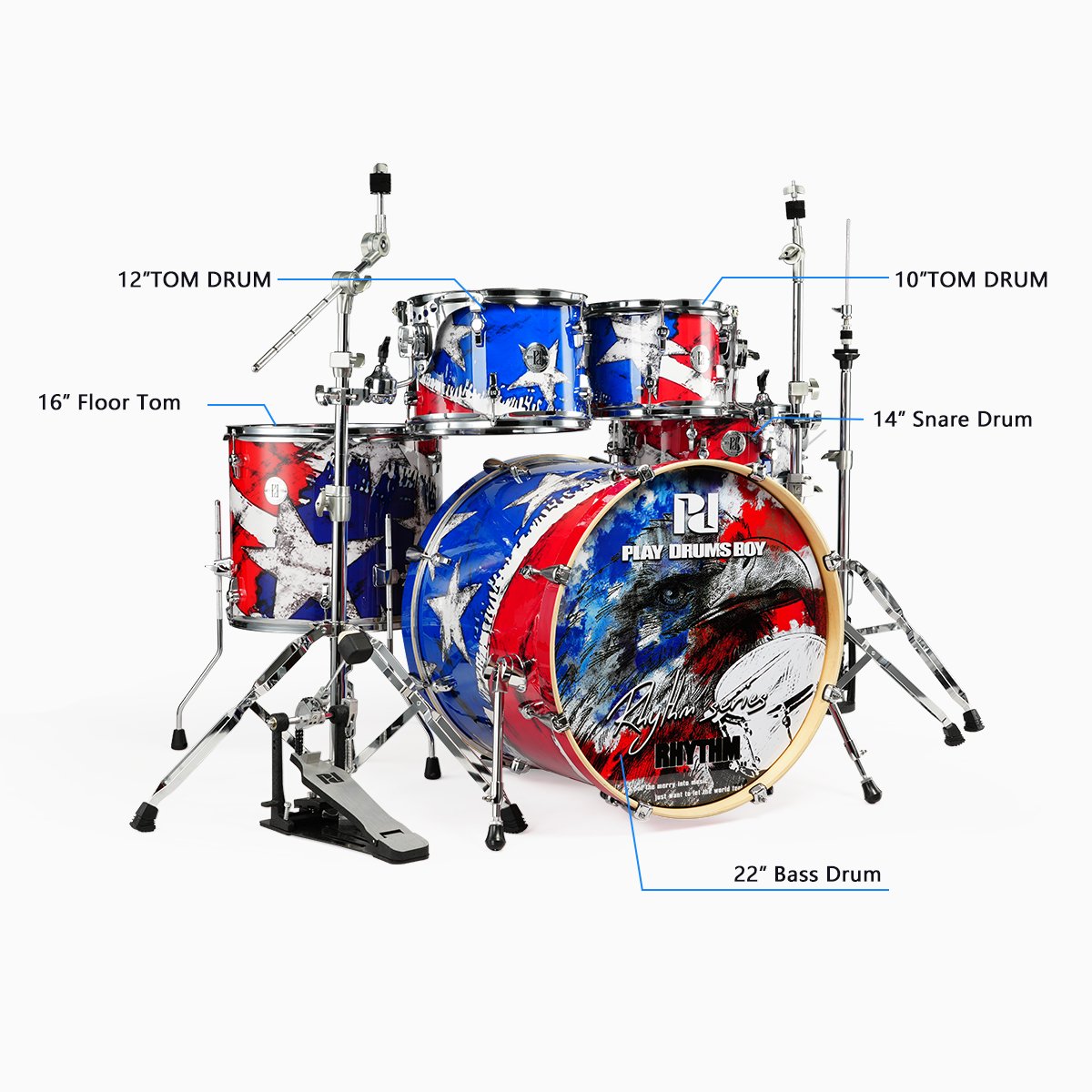 PD Professional Drum Set 5 Drums and 3 Cymbals Double-headed Skins Adult Drum Set.