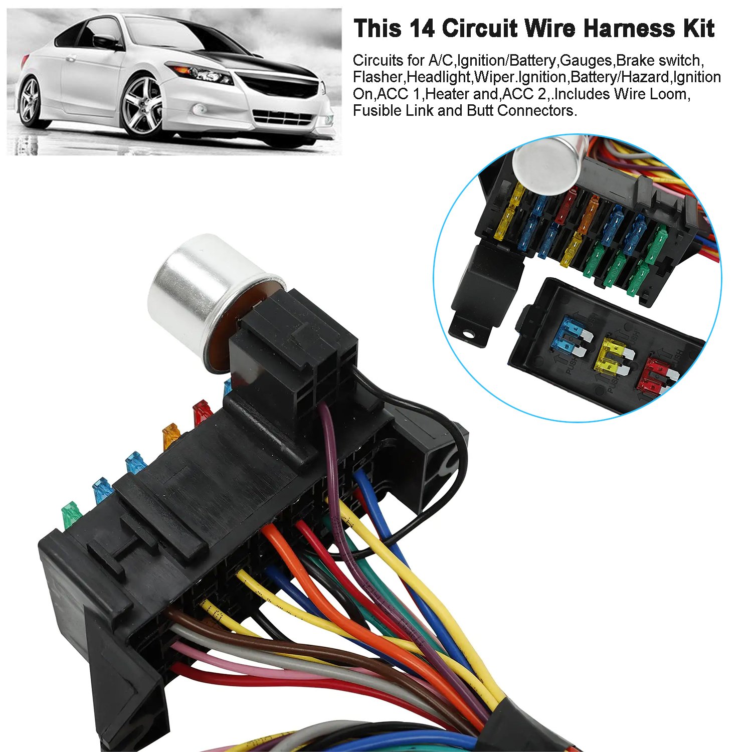 Custom Racing GXL Copper Wire Harness 14 Fuse 12-14 Circuit PVC Insulated Street Rods Hot Rods Race Cars Universal Motorcycles