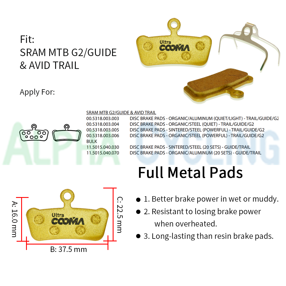 Metal Bicycle Disc Brake Pads for SR+AM G2 Guide Ultimate, RSC, RS, R Avid X0 Trail E7 E9 Trail Caliper