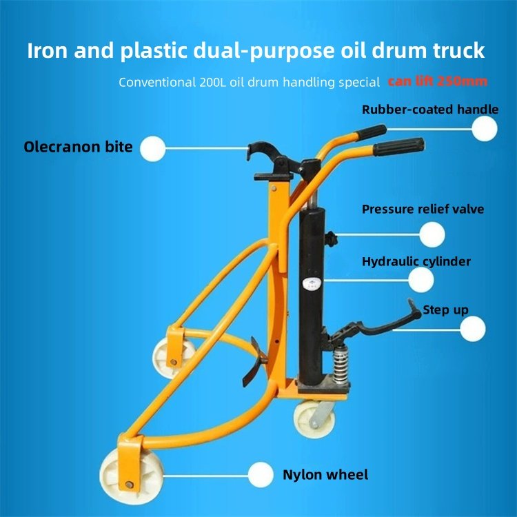 Manual Hydraulic Forklift Trolley with Round Iron & Plastic Drum Farms Home Use Manufacturing Plant Hotels Bite BeakHawk Beak