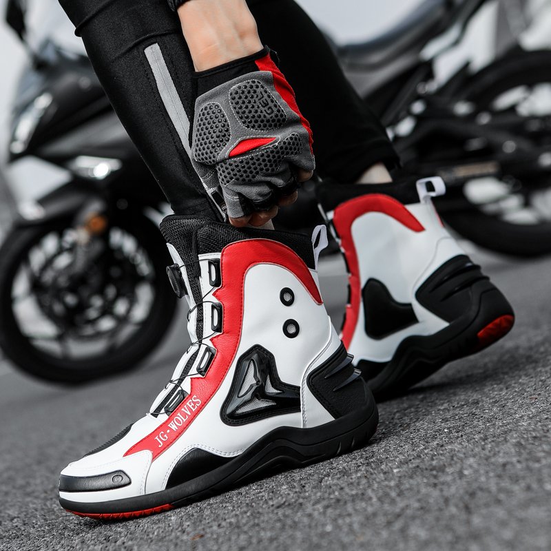New Style High Top Moto Racing Boots Red Black Leather with Breathable Waterproof Lining Microfiber Leather round Button Closure