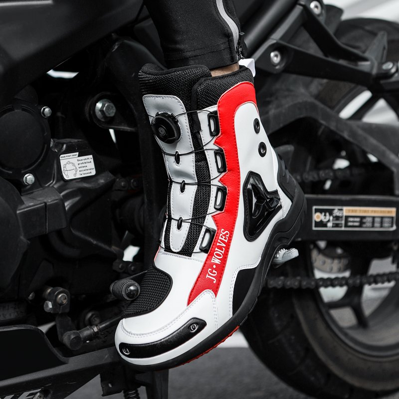 New Style High Top Moto Racing Boots Red Black Leather with Breathable Waterproof Lining Microfiber Leather round Button Closure