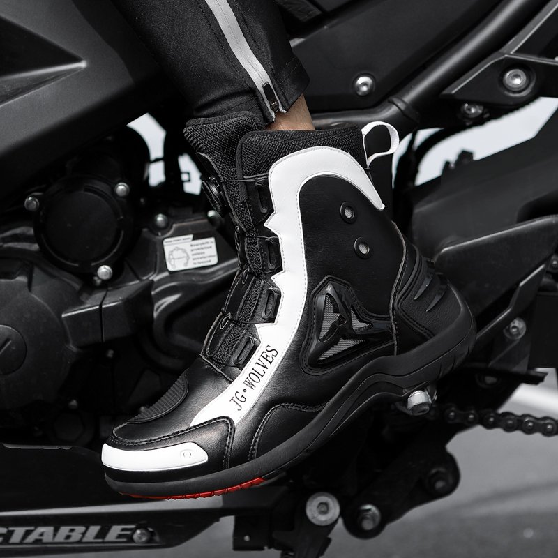 New Style High Top Moto Racing Boots Red Black Leather with Breathable Waterproof Lining Microfiber Leather round Button Closure