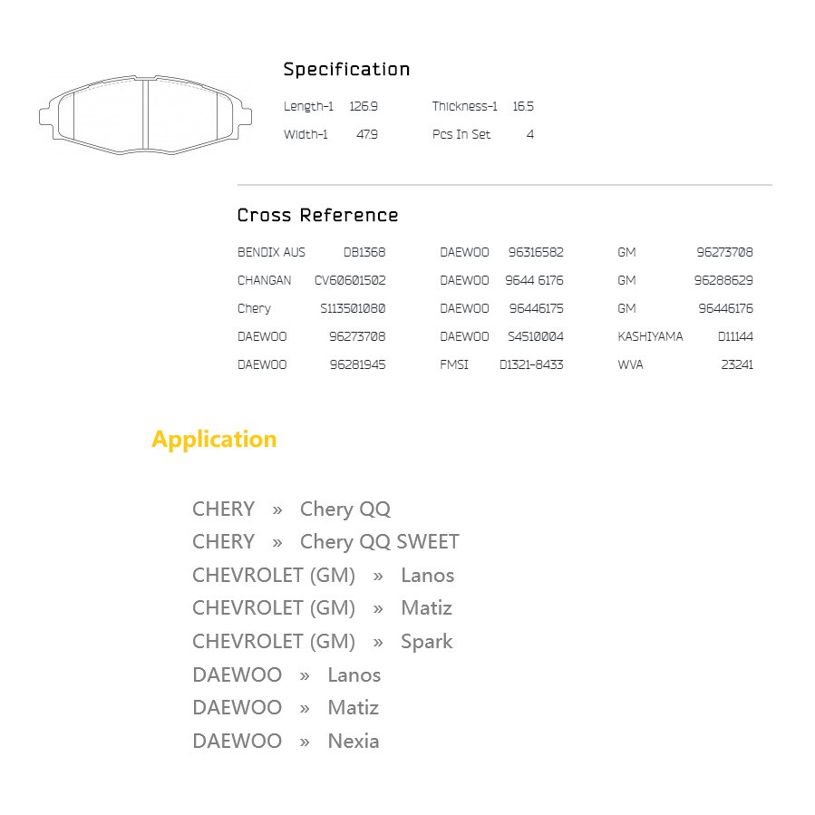 DB2208 D1321 SP1392 Front Disc Brake Pad for Daewoo Lanos Matiz for Chevrolet Spark 2010 up Matiz