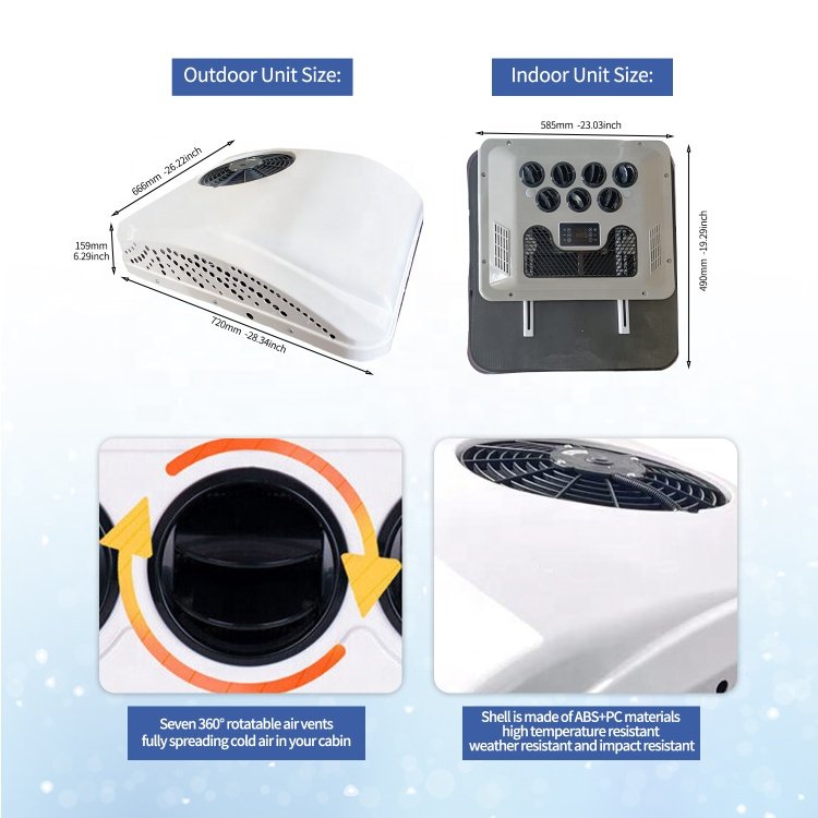 12V 24V DC Roof Parking Air Conditioner for Trucks RVs Buses Excavators Campers Agricultural Vehicles Air Conditioning Cold Hot