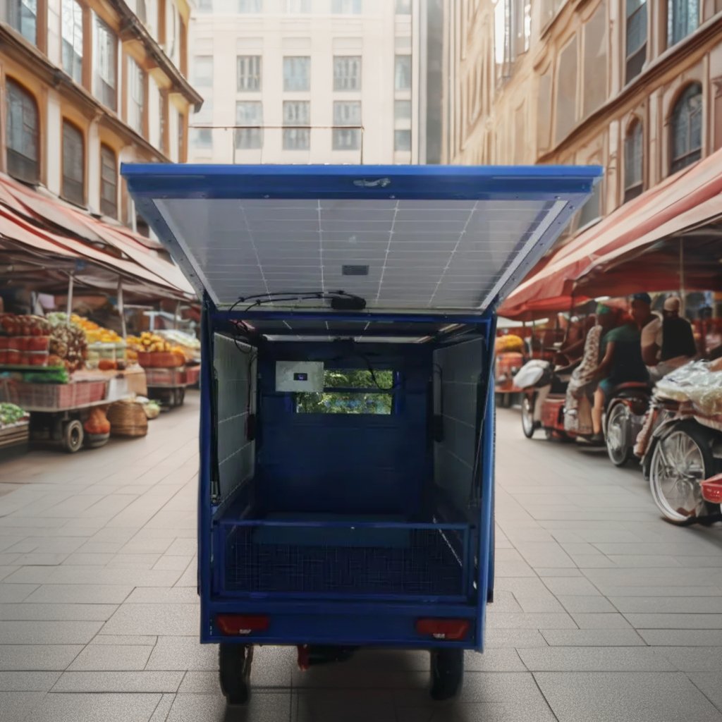 QSD 2025 Electric Cargo Rickshaw Tricycles 1200W Solar Panel 48V Motorized Open Body Type Auto Passenger Rickshaw