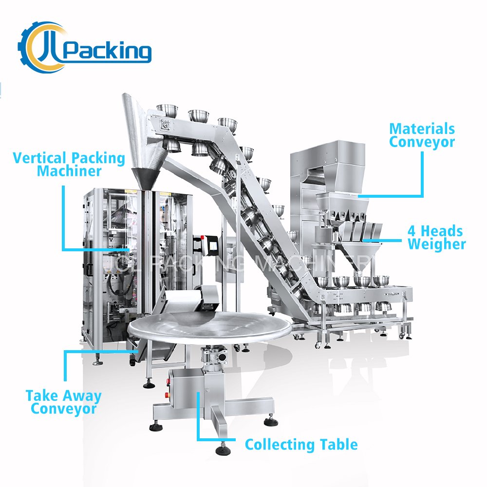 Full Automatic Cookies Biscuit Bicky Roll Flim Gusset Bag Vertical Filling and Packing Machine with Bowl Conveyor