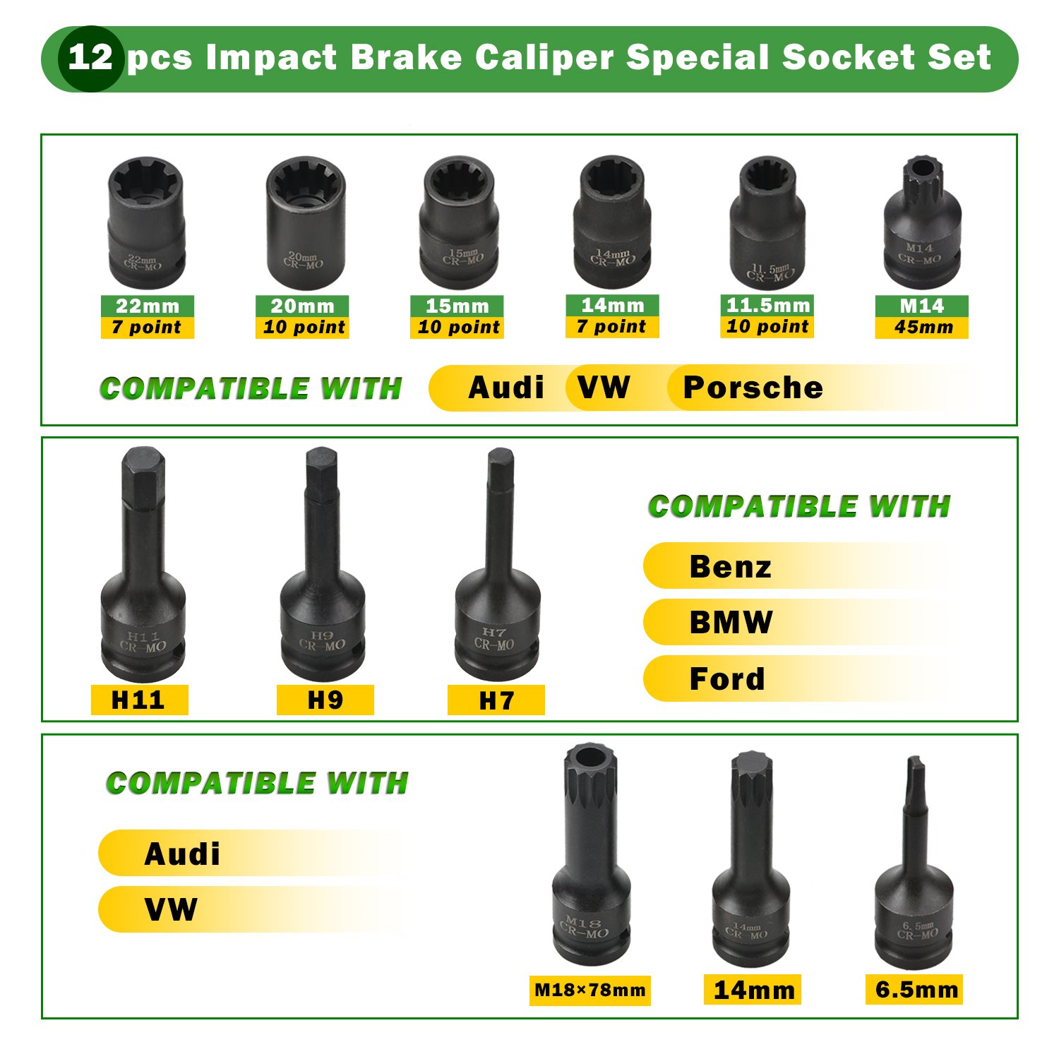 1/2" 12 Pc Impact Brake Caliper Special Socket Set for Audi VW Porsche Benz Ford BMW