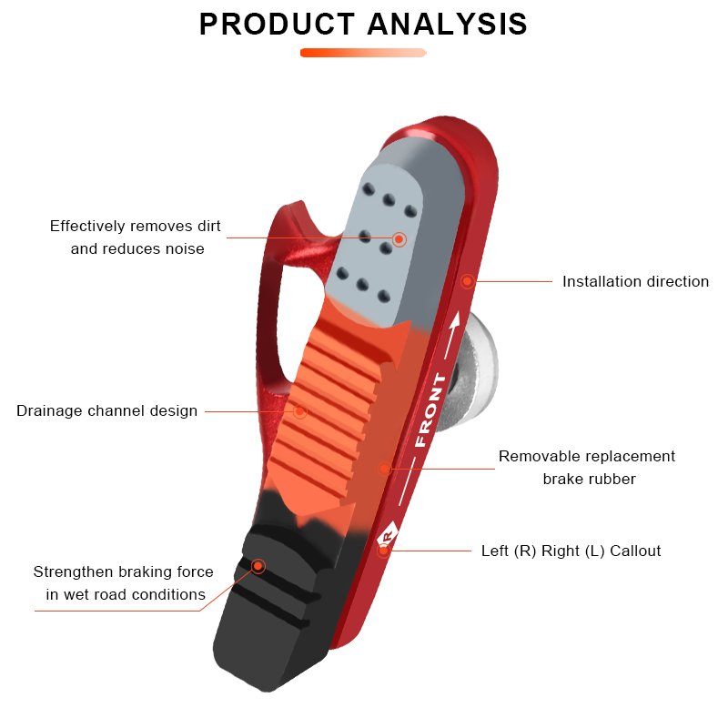 RIDERACE Road Bike Brake Pads CNC Aluminum Alloy Bicycle Braking V-Brake Holder Shoes Rubber Block Durable Cycling Accessories