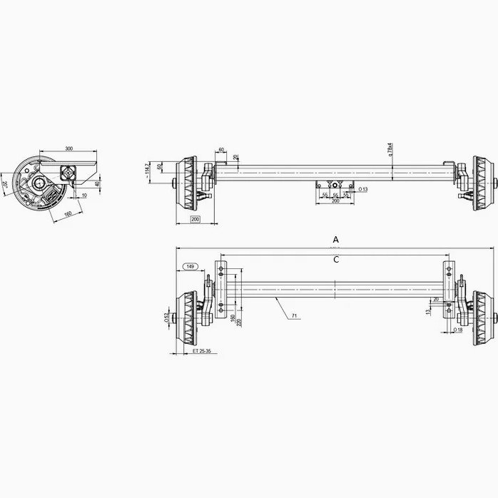 European Trailer Torsion Axle with 200x50 Drum Brake,Hub Face 2300 mm